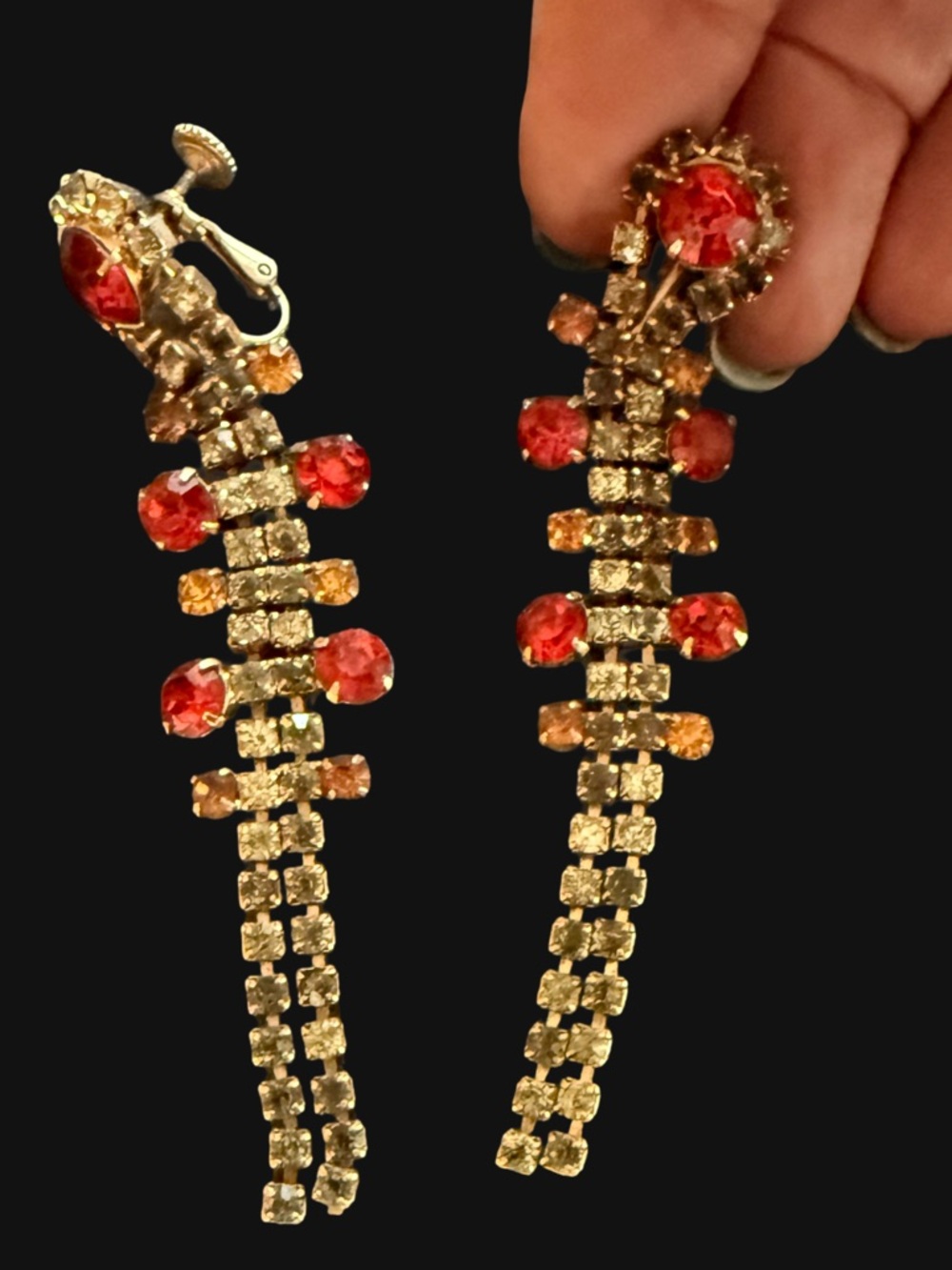 Mid-century vintage orange and amber rhinestone chandelier earrings